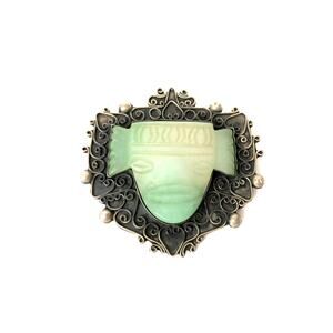 Aztec Mask Green Jade Carving Sterling Silver 925 Brooch Pin Made in Mexico